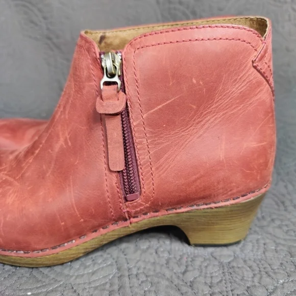 Dansko Max Block Heel Zip  Distressed Rust Burgundy Leather Ankle Wedge 6.5-7 - Picture 4 of 13